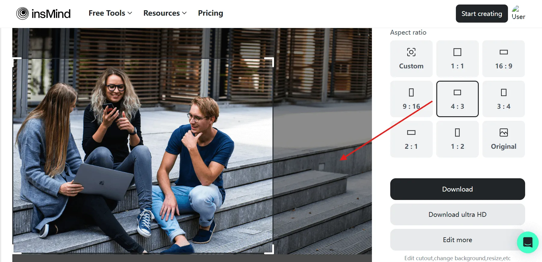 screenshot shows how to crop your image to your desired size using insMind