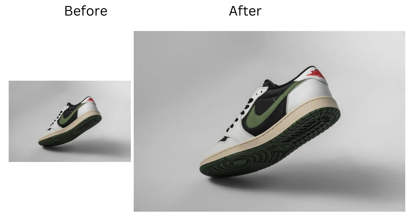 Demonstration image showing a photo before and after AI image enlarger tool using the insMind tool