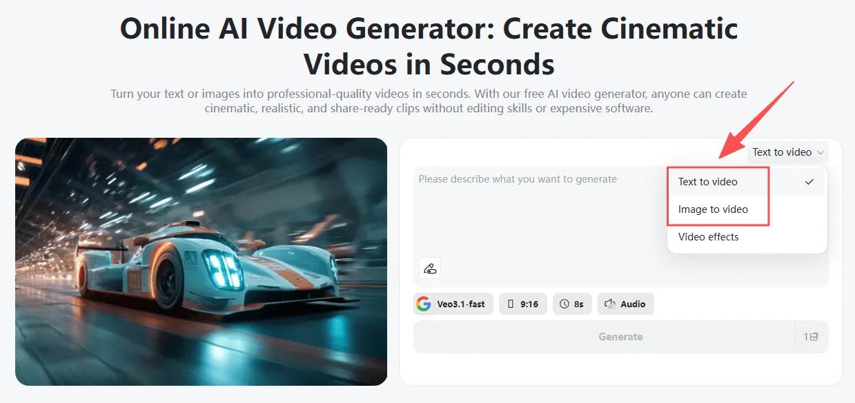 Choose between text-to-video or image-to-video options.