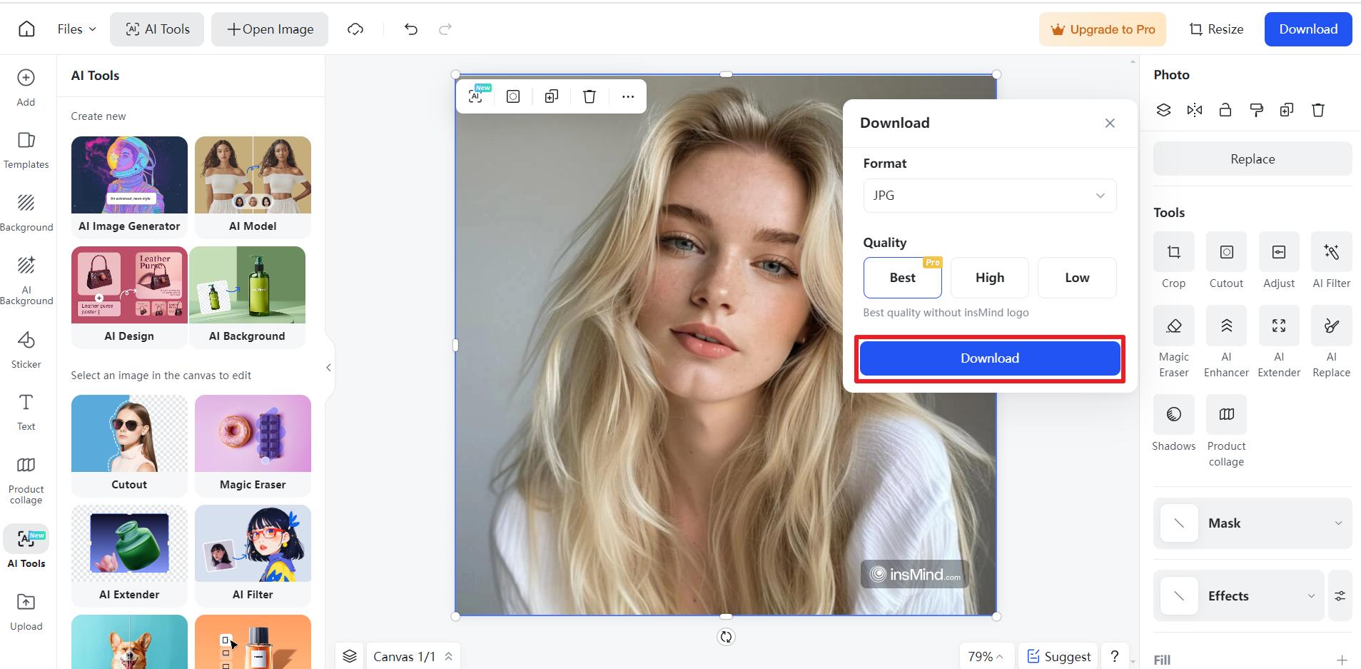 Screenshot that shows how to download the generated images from insMind - Best Free Face Swap Apps