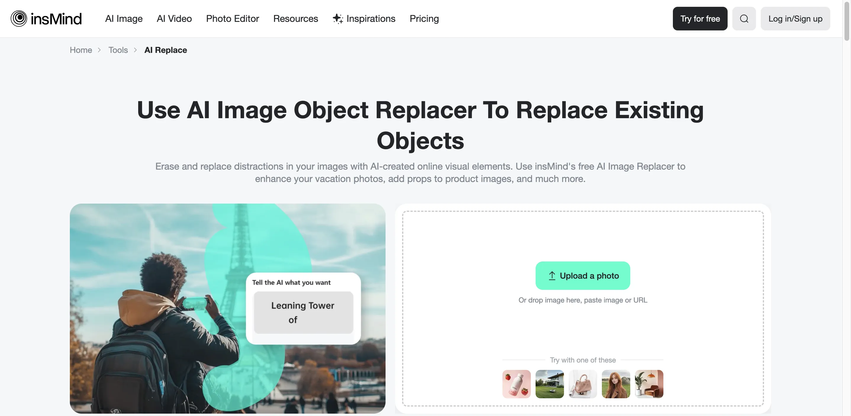 An image of upload your photo to insMind AI Replace
