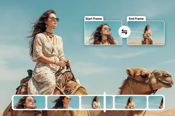 Upload beginning and ending images to create a smooth cinematic AI video.