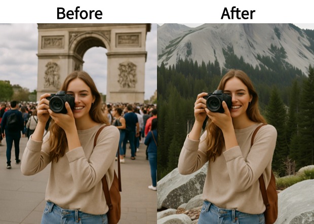 Remove clutter, replace people, or restore vintage photos with AI replacement.