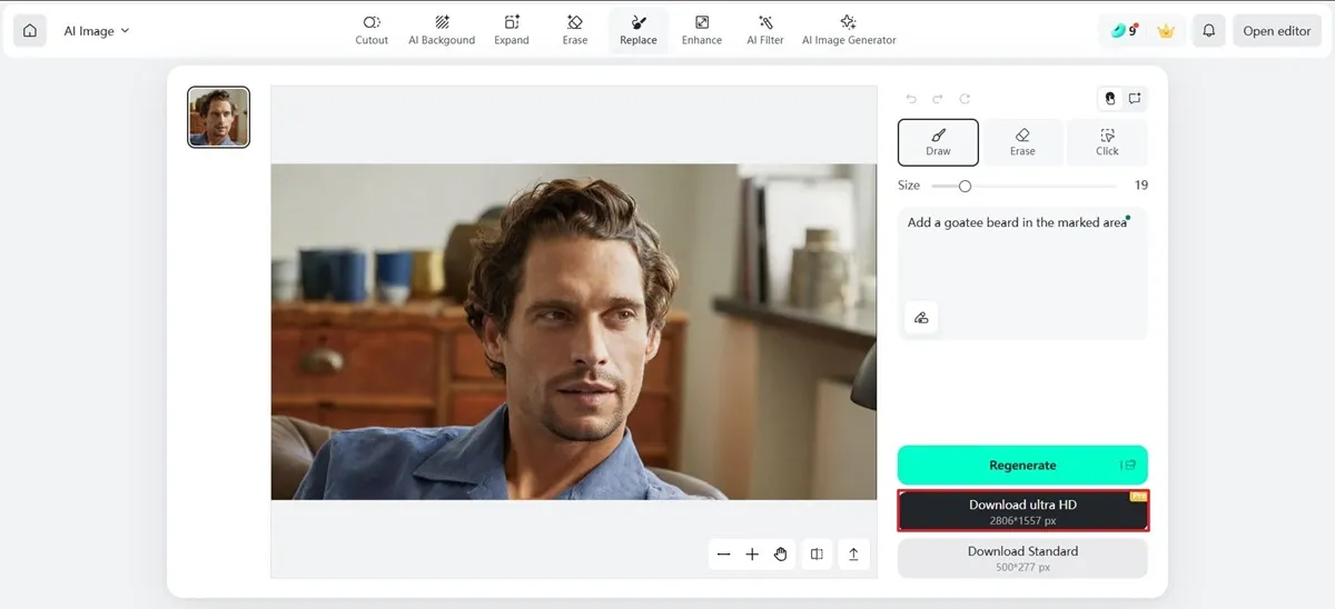 Save your high-definition image after testing the perfect goatee beard filter online.