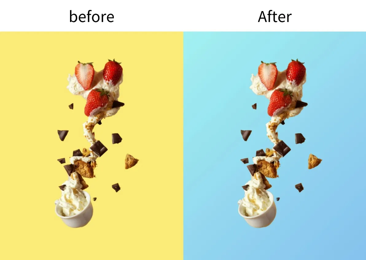 Demonstration image showing a photo before and after changing the background using the insMind tool