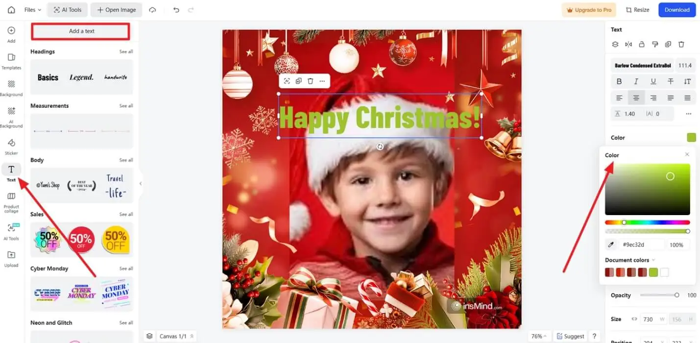 add text in preferred color for your Christmas Card