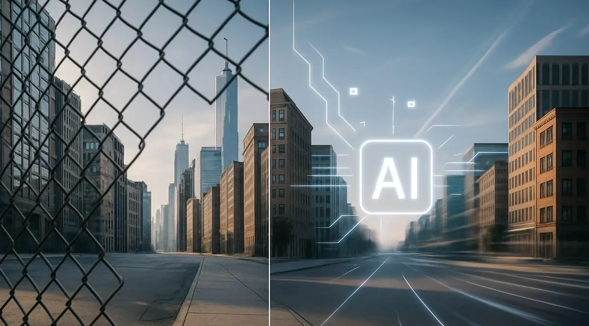 This image shows how AI can erase a fence from a photo using automated detection and reconstruction.