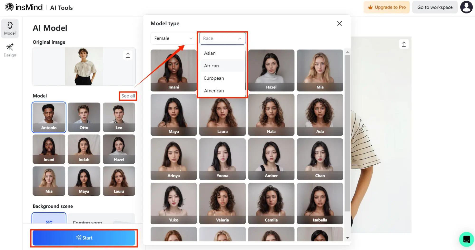 Step 2 of using insMind's AI Clothing Model to make AI model