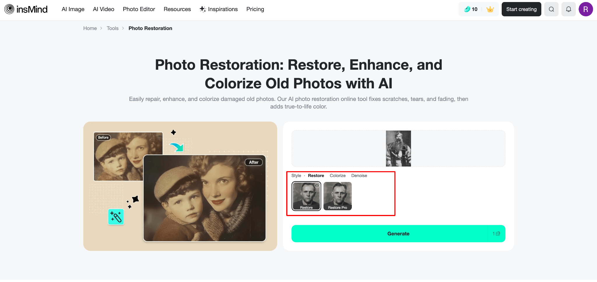 Select the right mode for light fixes, colorization, or heavy restoration.