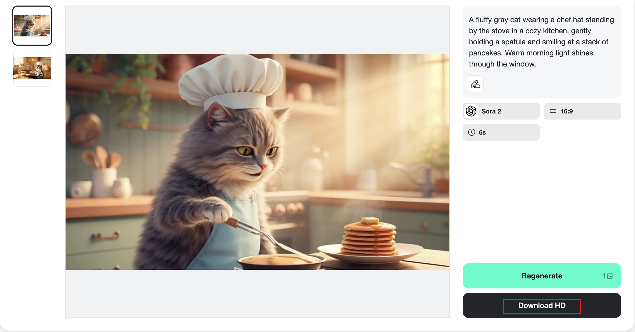 User downloading and sharing a completed AI cat video User downloading and sharing a completed AI cat video, featuring a cute gray cat cooking pancakes.