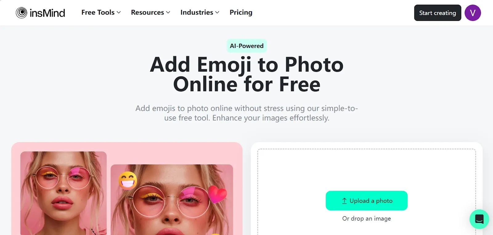 Screenshot showing how to access the Add Emoji to Photo Tool in the insMind interface