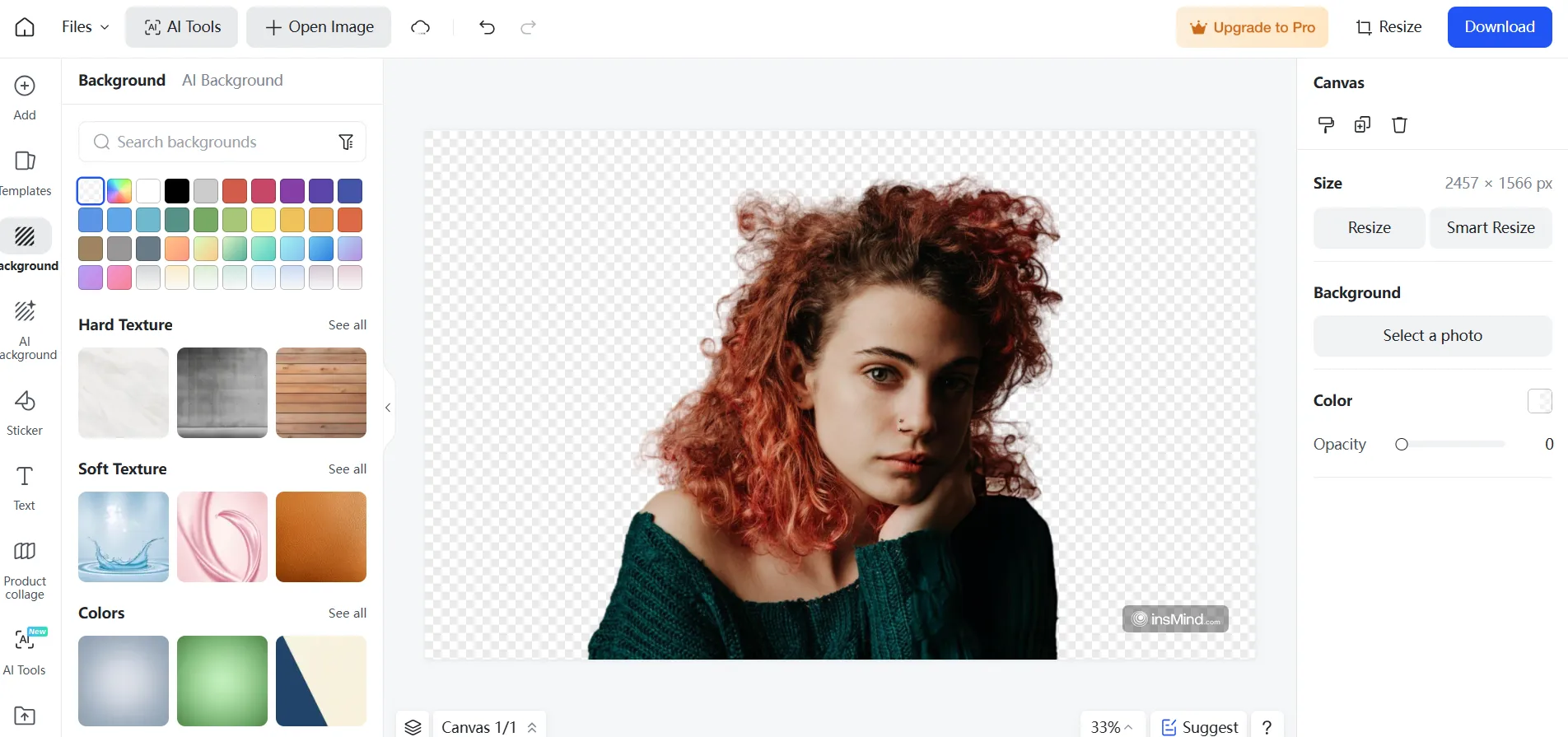 Image show casing the process of applying a transparent background to a photo using insMind