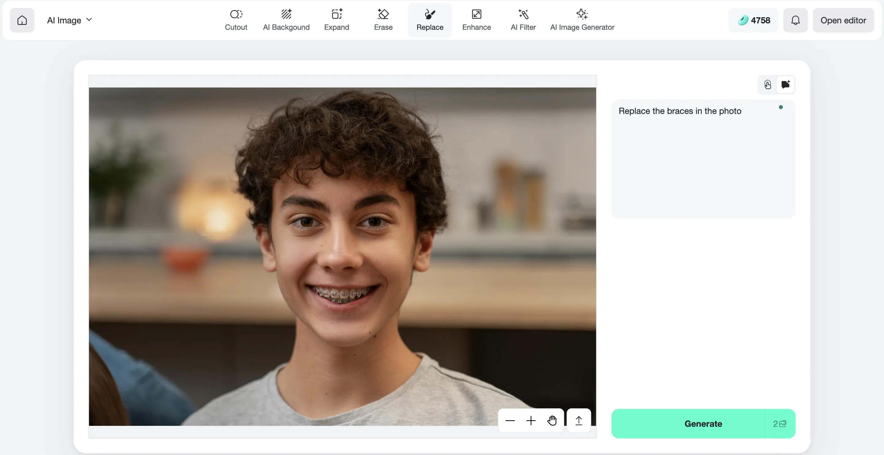  An image showing how to prompt “replace braces from the photo” and the “Generate” button highlighted to start removing braces from the image.