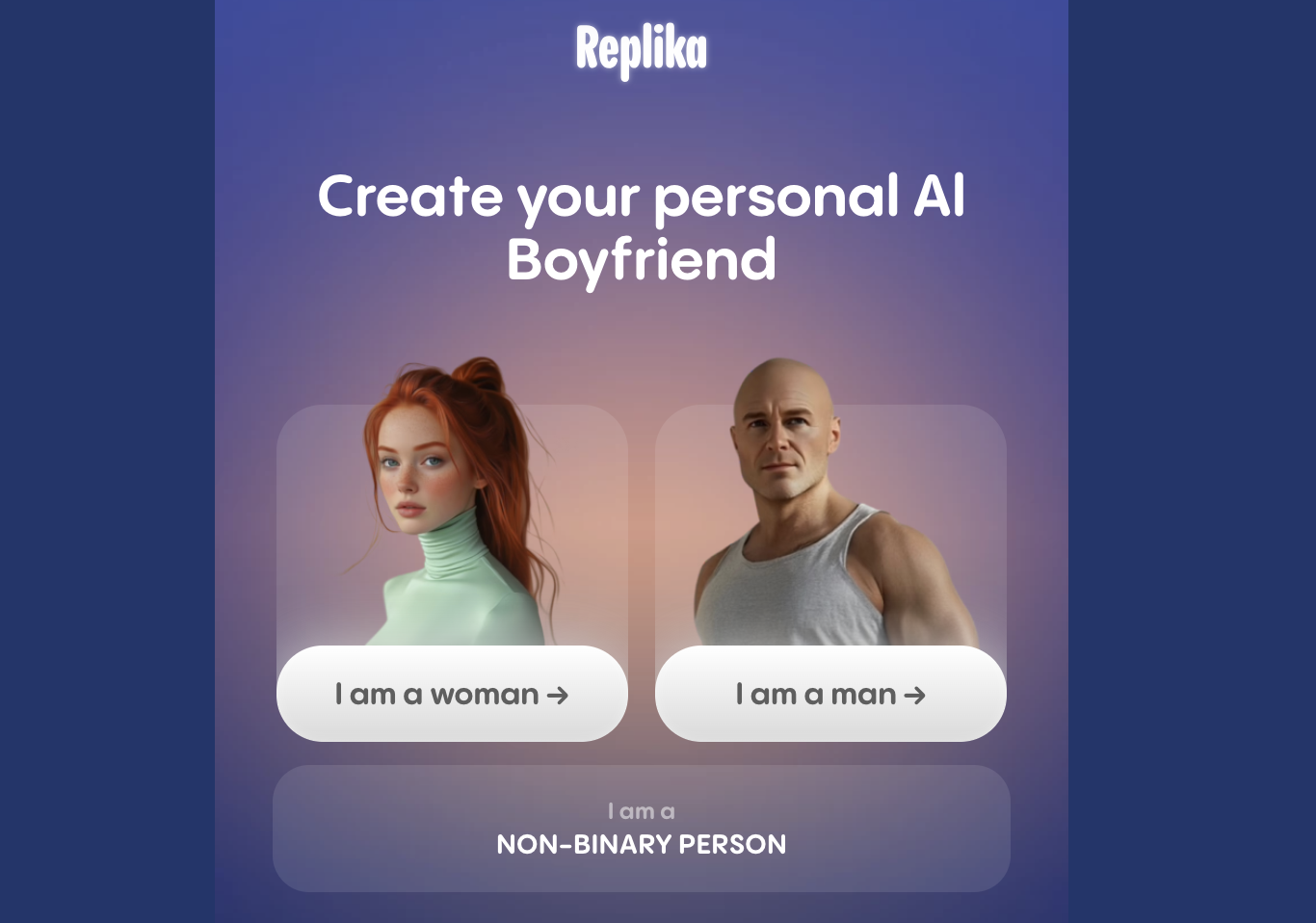 Screenshot of Replika’s AI Boyfriend Generator interface.