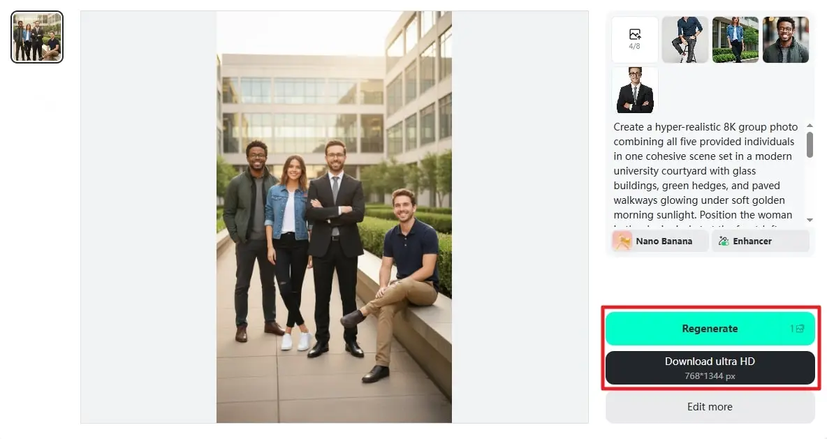 Save your final group portrait in HD with the AI group photo generator after refining the result.